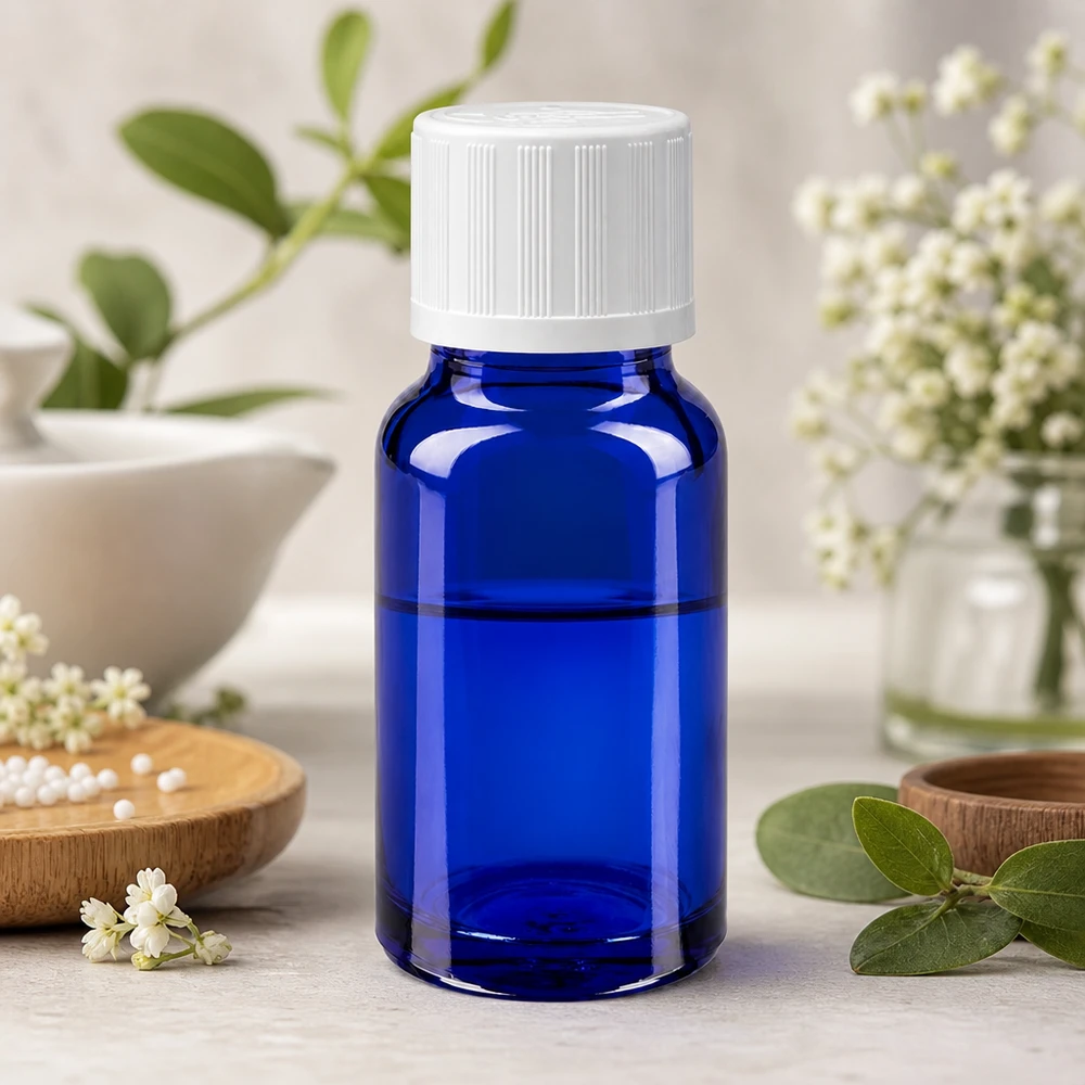 Apoteksflaska blå 10ml dropplock vit barnskyddande standard Blå droppflaska på 10 ml med vitt barnsäkert lock bland örtväxter och blommor