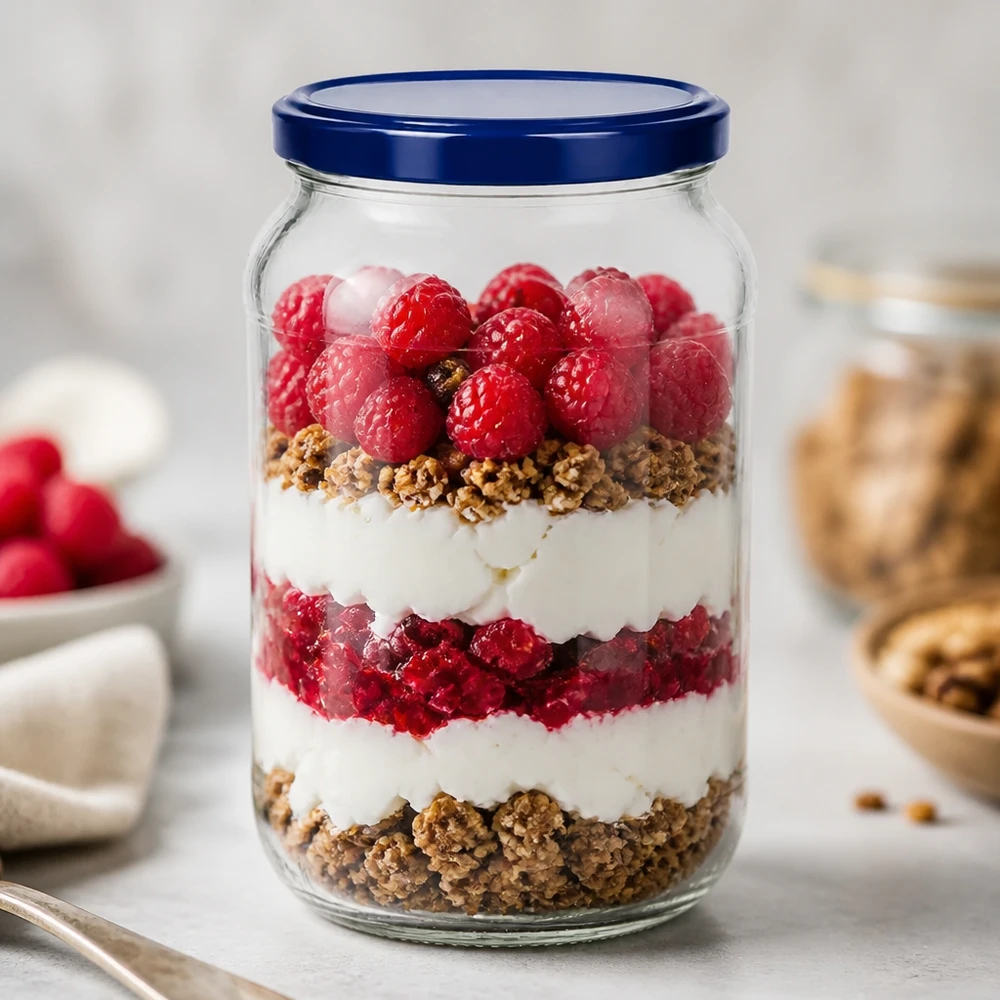 1062ml rund burk BasicSeal lock blå UNiTWIST dessert parfait skiktad dessert yoghurt bär granola dessert