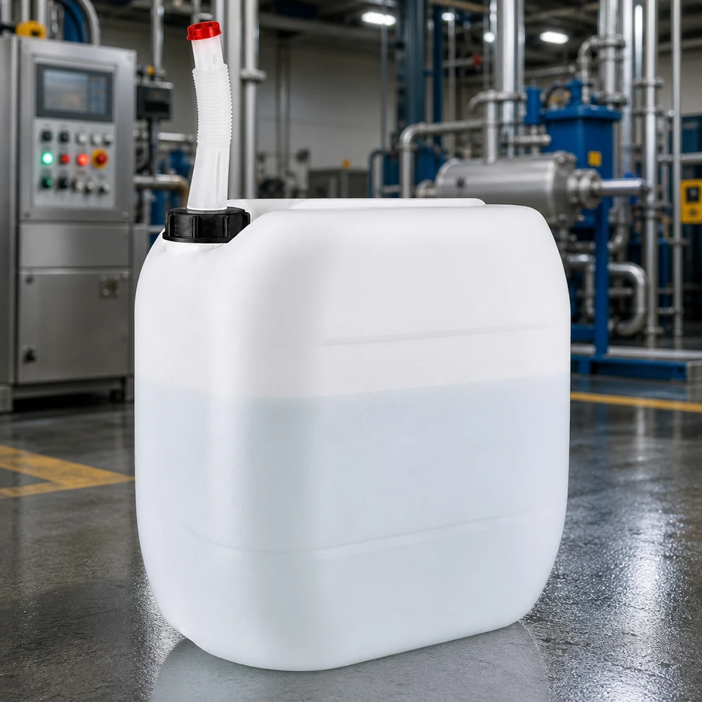 Dunk 30 liter med flexibelt utloppsrör 30-liters industrikanister med böjbart utloppsrör i bruk framför en produktionsanläggning