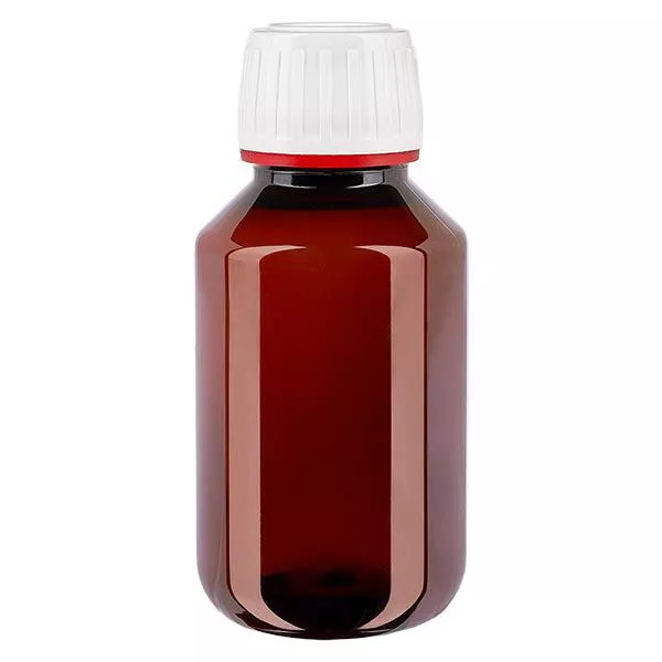 PET-flaska 100ml med vitt säkerhetslock, fint räfflad PET-flaska 100ml med vitt säkerhetslock, fint räfflad