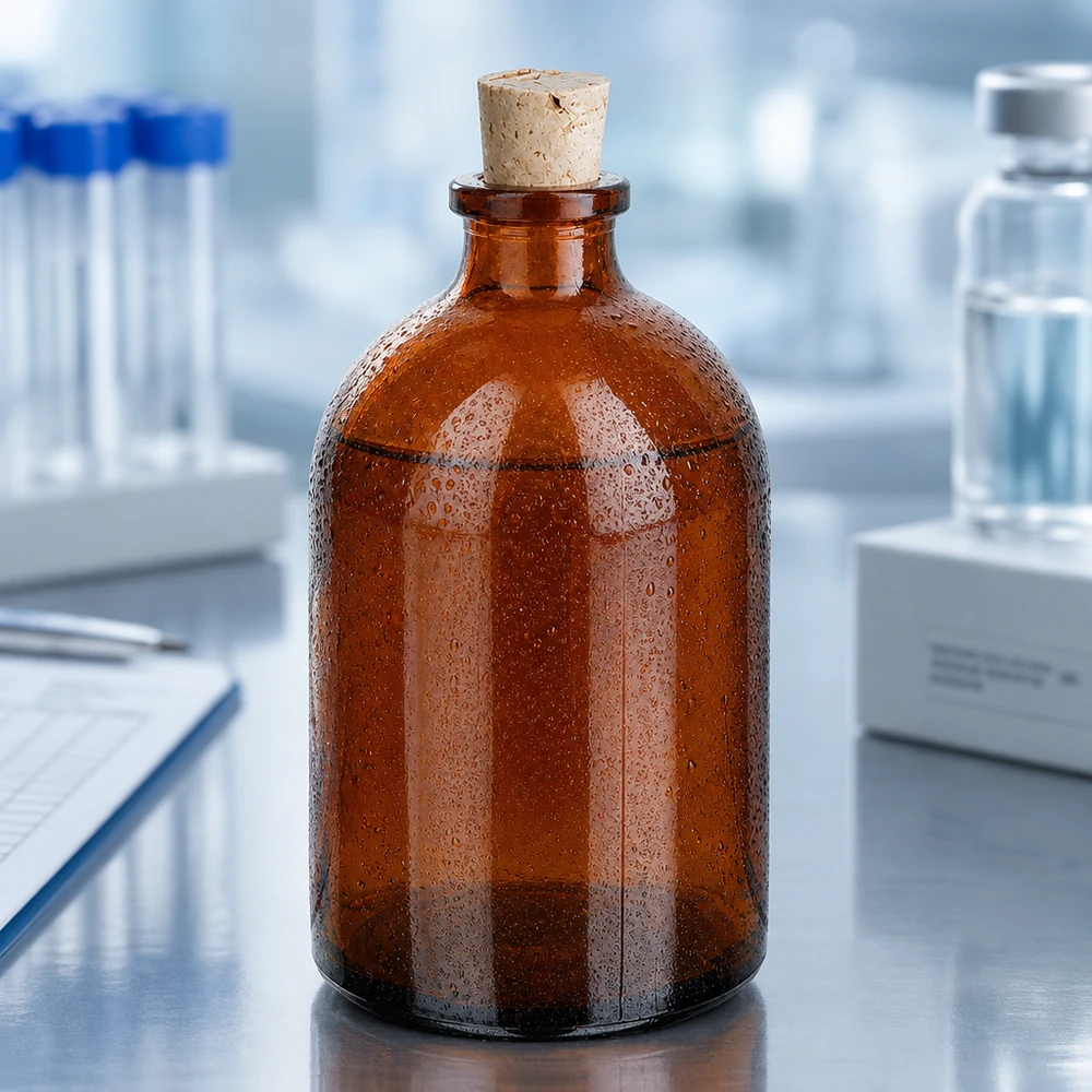 Bärnstensfärgad glasflaska 100ml med kork 11/14mm Robuste Reagenzflasche 100ml aus braunem Borosilikatglas mit traditionellem Korkstopfen