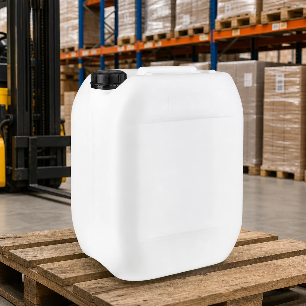 Tom 10-liters plastdunk på en träpall i ett lager med en gaffeltruck i bakgrunden