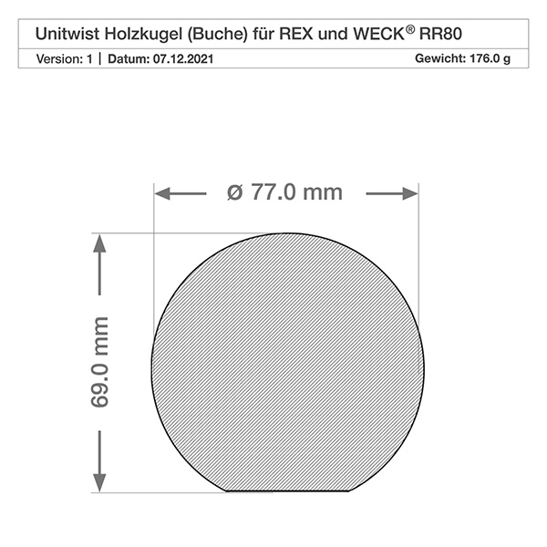 370ml tulpanburk WECK RR80 med träkula bok Teknisk ritning av bokkulan för WECK RR80 burk med måtten 77 mm diameter och 69 mm höjd
