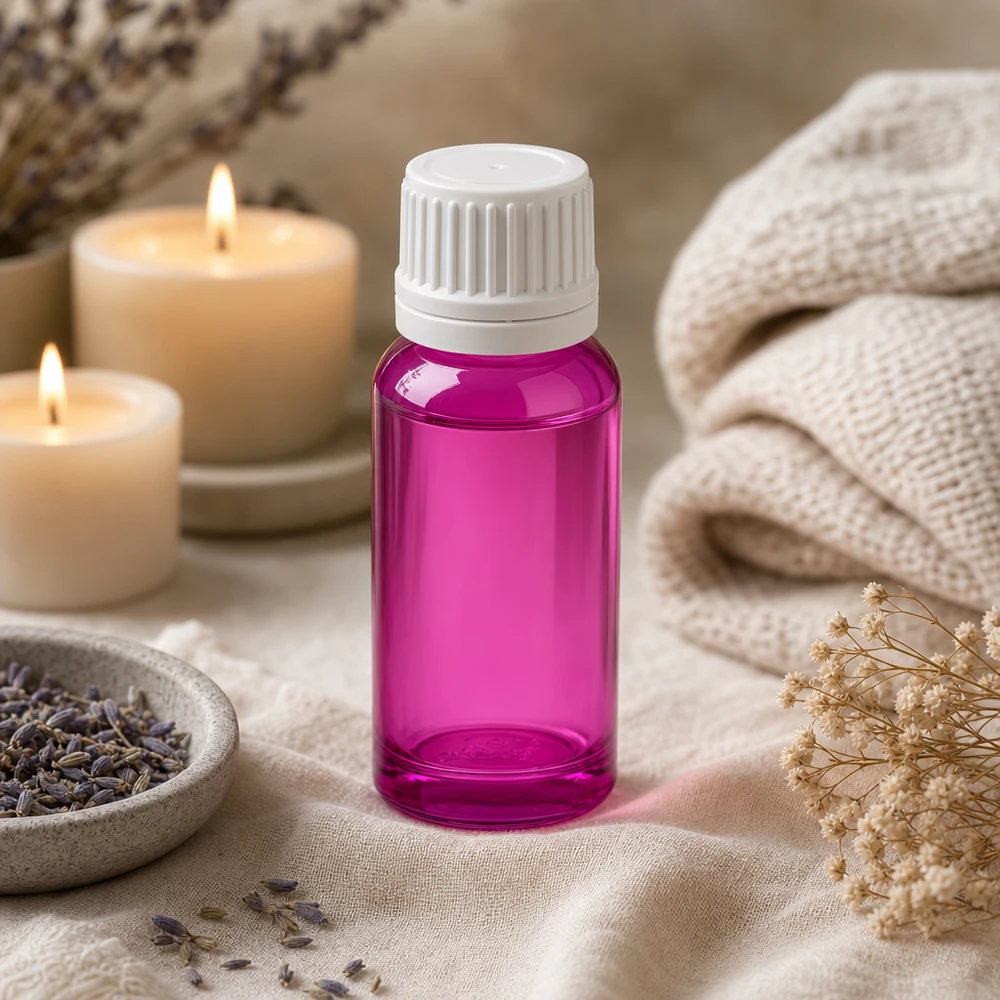 Högkvalitativ 20 ml PurpleLine-glasflaska med UV-skydd och vitt skruvlock för aromaterapi