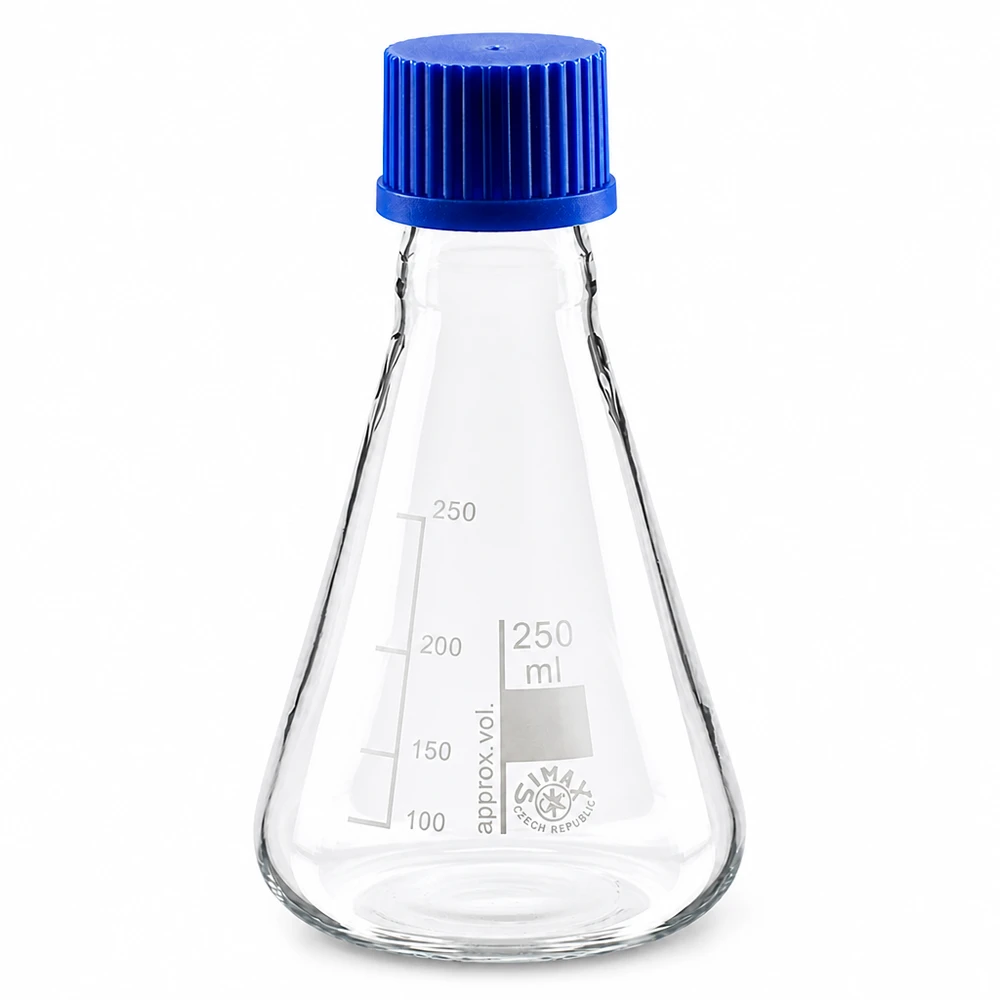 Erlenmeyerkolv 250ml med skruvkork Konisk Erlenmeyerkolv 250 ml med gradering och blått lock för exakta mätningar