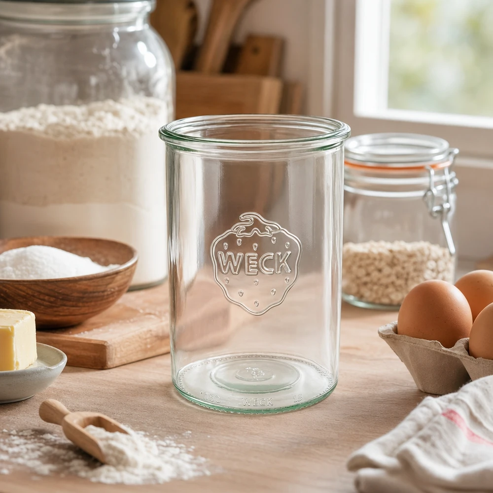 1000 ml burk WECK RR100 1000ml WECK RR100 murarburk med logotyp i rustikt kök med bakingredienser och ägg