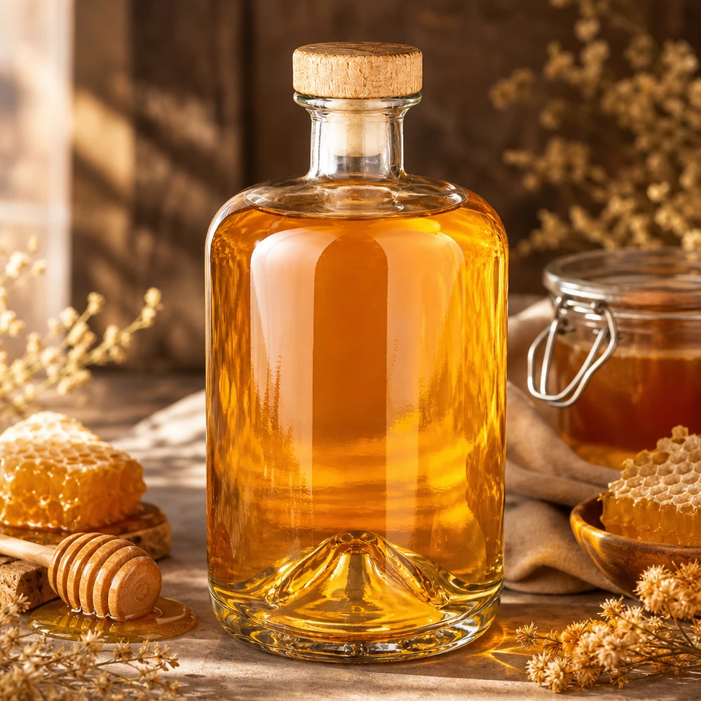 700 ml apoteksflaska Sofia med kork med trähandtag UNiTWIST® 700ml Glasflasche Sofia mit Naturkorken gefüllt mit goldgelber Flüssigkeit umgeben von Honigwaben und Trockenblumen