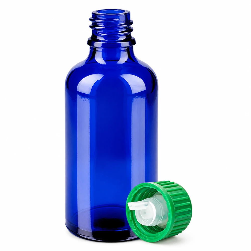 50 ml Droppflaska 0,8 mm grön Standardförslutning BlueLine UT18/50 Blå glasflaska 50 ml med 0,8 mm dropplock för eteriska oljor och tinkturer
