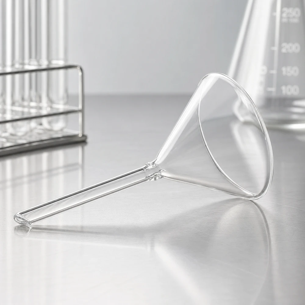 Kortskaftad glastratt 70 mm diameter transparent tillverkad av soda-lime-glas för laboratoriebruk