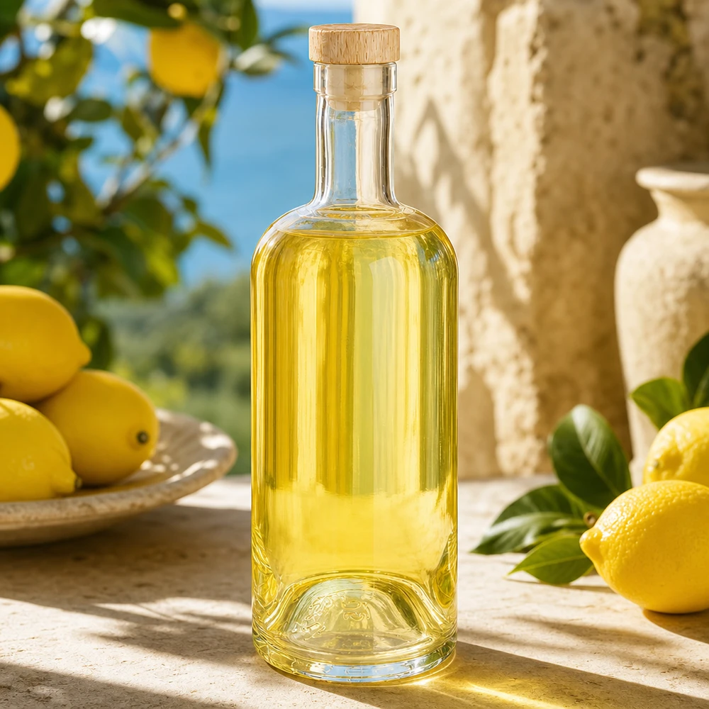 750 ml glasflaska Emma med kork med trähandtag UNiTWIST® 750 ml Emma glasflaska med träkork fylld med gulaktig vätska i en medelhavsmiljö med citron