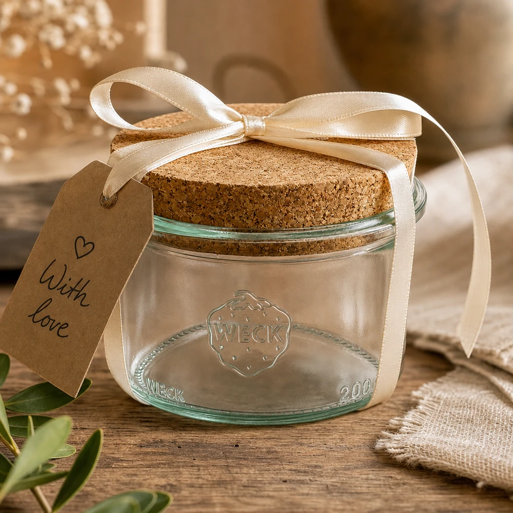 WECK tumblers 200ml RR80 dekorativt förpackade med band och presentetikett With Love som en presentidé