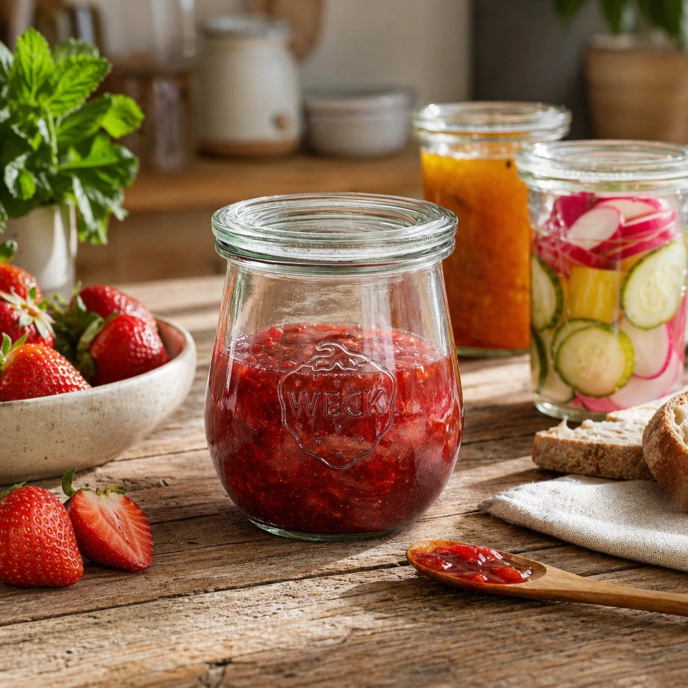 220 ml tulpanformad burk med glaslock, WECK RR60 WECK tulpanburk 220ml RR60 med jordgubbssylt i ett rustikt kök med andra konserveringsburkar och färska ingredienser