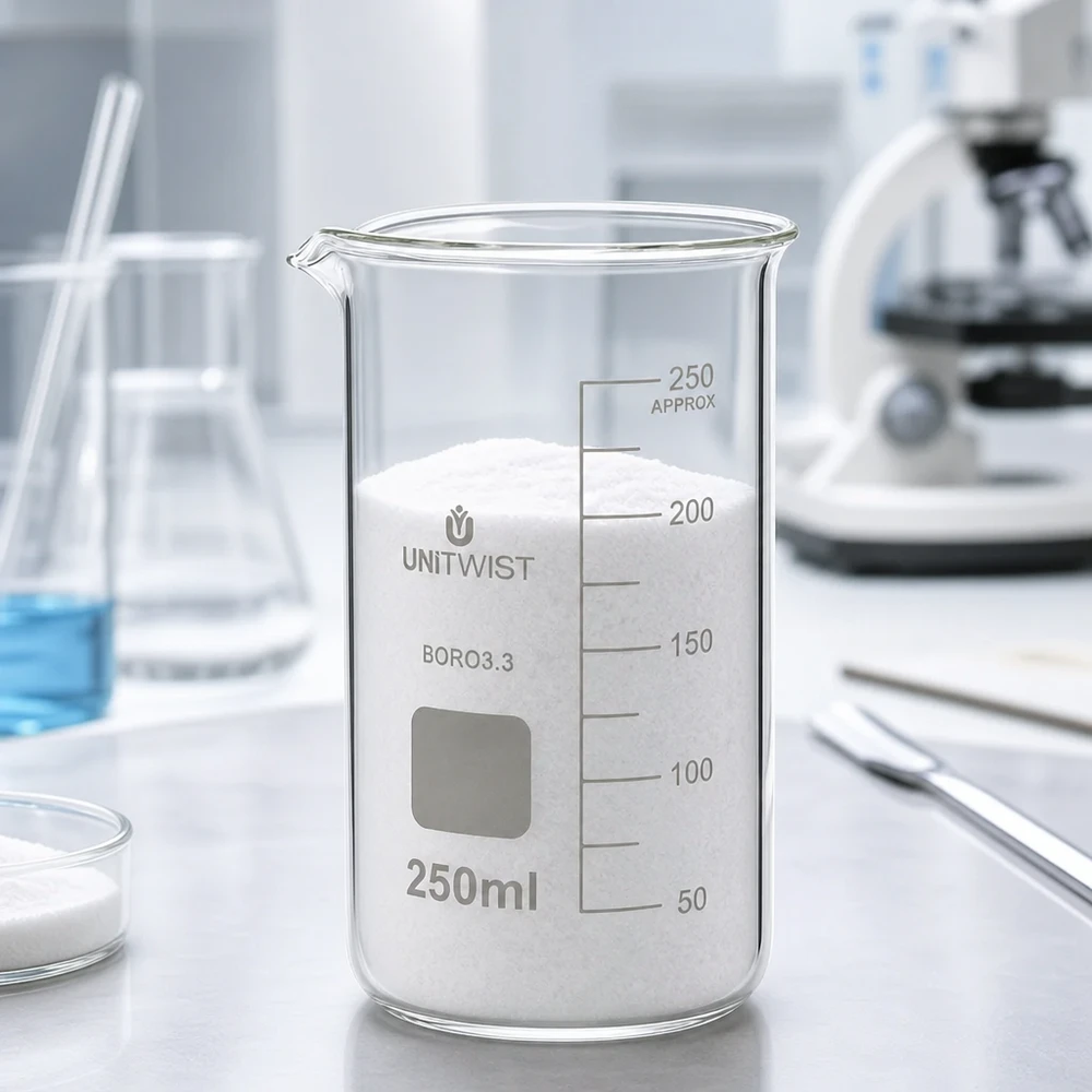 Bägare 250ml borosilikat, hög form UNiTWIST UNITWIST-bägare, 250 ml, hög modell, fylld med vitt pulver på en laboratoriebänkskiva