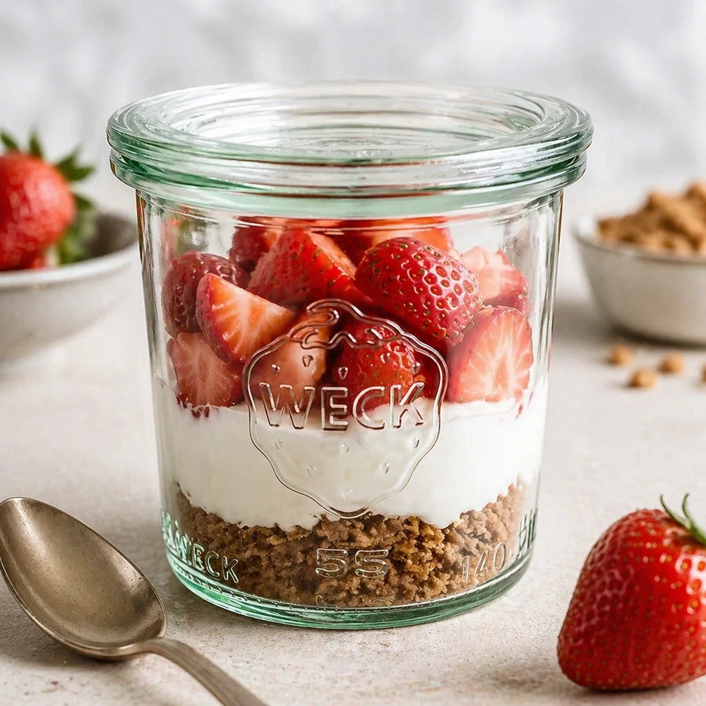 WECK 140 ml burk med glaslock RR60 | Premiumkvalitet WECK Sturzglas 140ml RR60 mit Joghurt Müsli Erdbeeren gefüllt als Dessertglas auf weißer Marmorplatte Frühstück