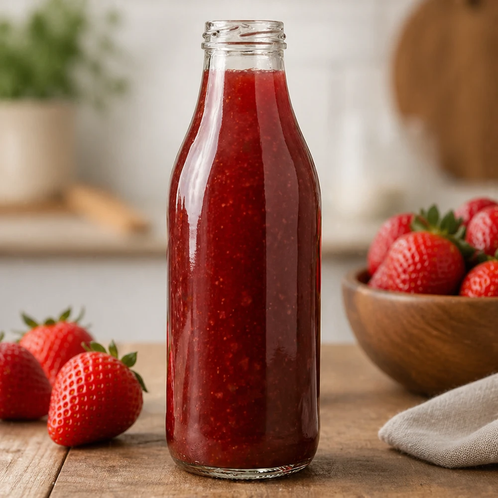 1000ml glasflaska utan lock (TO48) UNiTWIST 1000 ml glasflaska TO48 UNiTWIST fylld med jordgubbsjuice i köket Användningsexempel röd smoothieflaska