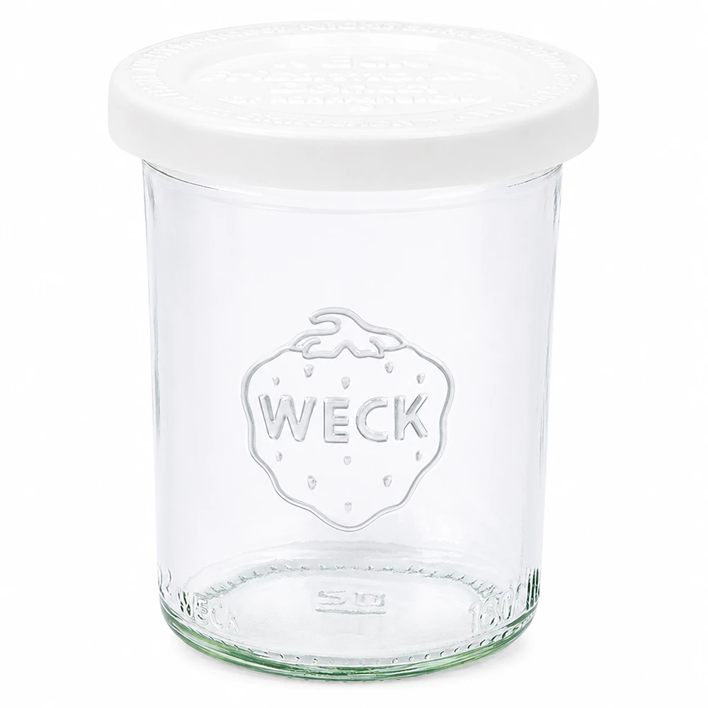 160 ml burk med lock som håller maten färsk, WECK RR60 WECK 160 ml masonburk med vitt lock RR60 - Klar glasburk med WECK-logotyp