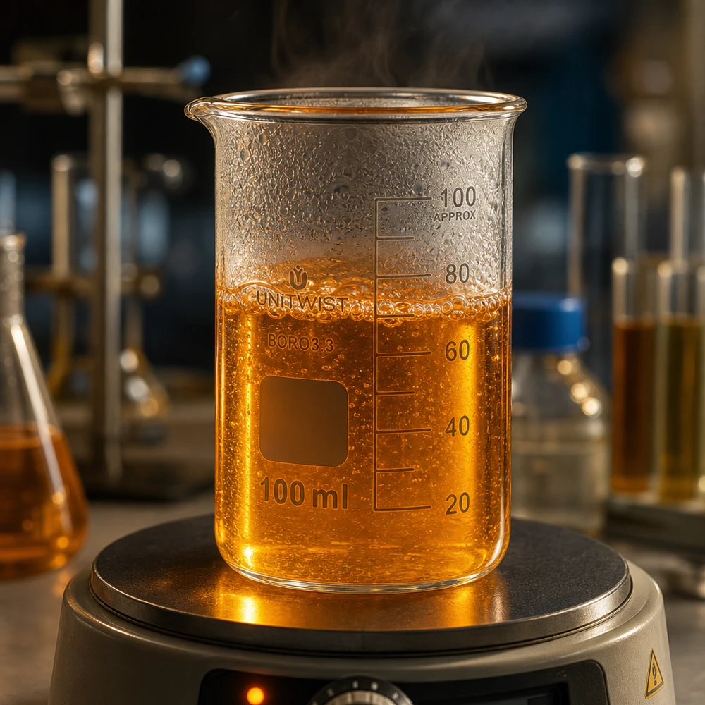 Bägare 100ml borosilikat, hög form UNiTWIST 100 ml beger i hög modell av märket UNITWIST med orangefärgad het vätska på en värmeplatta i laboratoriet