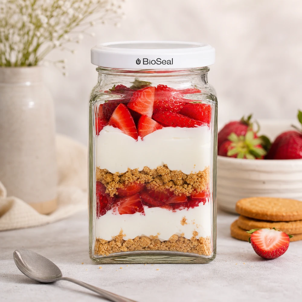 260 ml tetraburk + BioSeal-lock vit UNiTWIST UNiTWIST Tetra260 Dessertglas mit Erdbeeren Joghurt Kekskrümeln geschichtet weißer TO58 BioSeal Deckel Nachtisch