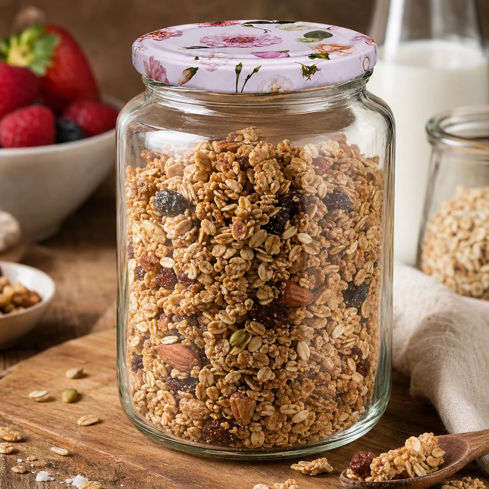 795 ml rund burk + BasicSeal-lock blomma rosa UNiTWIST 795ml Rundglas mit Müsli Nüssen Trockenfrüchten BasicSeal Deckel rosa Blumen Frühstück Vorratsbehälter Küche