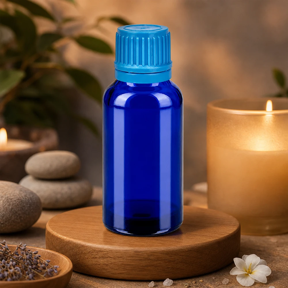 Liten 30 ml apoteksflaska i blått glas, perfekt för DIY-kosmetika och naturprodukter