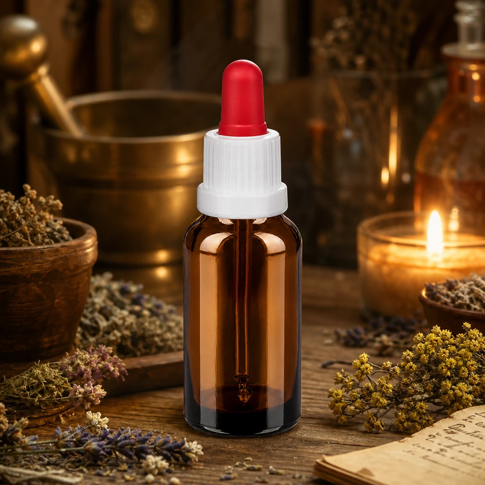 20 ml pipettflaska vit/röd med säkerhetsförslutning BrownLine UT18/20 Högkvalitativ 20 ml apoteksflaska i bärnstensfärgat glas med exakt dropp-pipett för farmaceutiska tillämpningar
