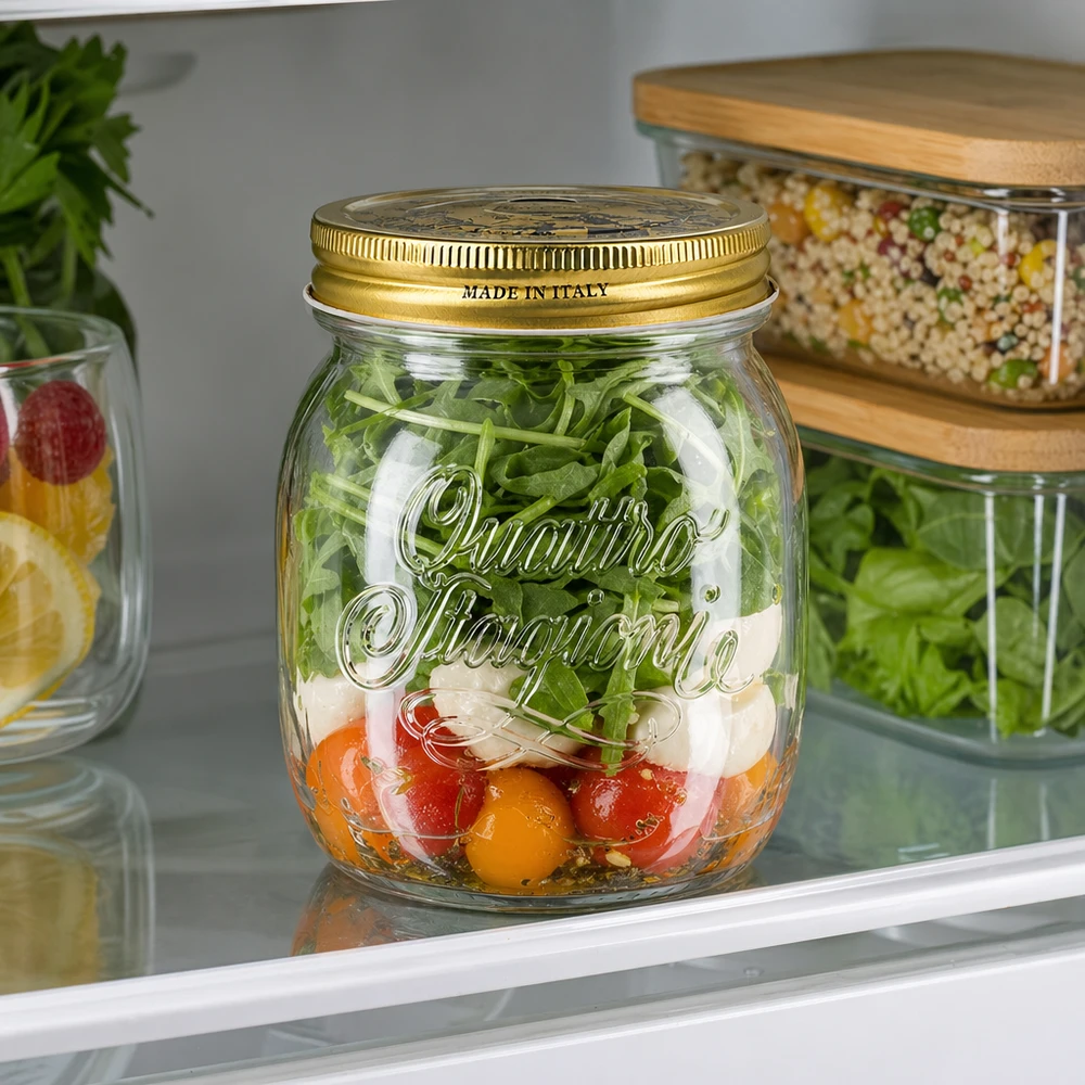 Quattro Stagioni 700 ml konserveringsburk fylld med sallad i kylskåpet Italiensk burk för måltidsförberedelser och färska ingredienser