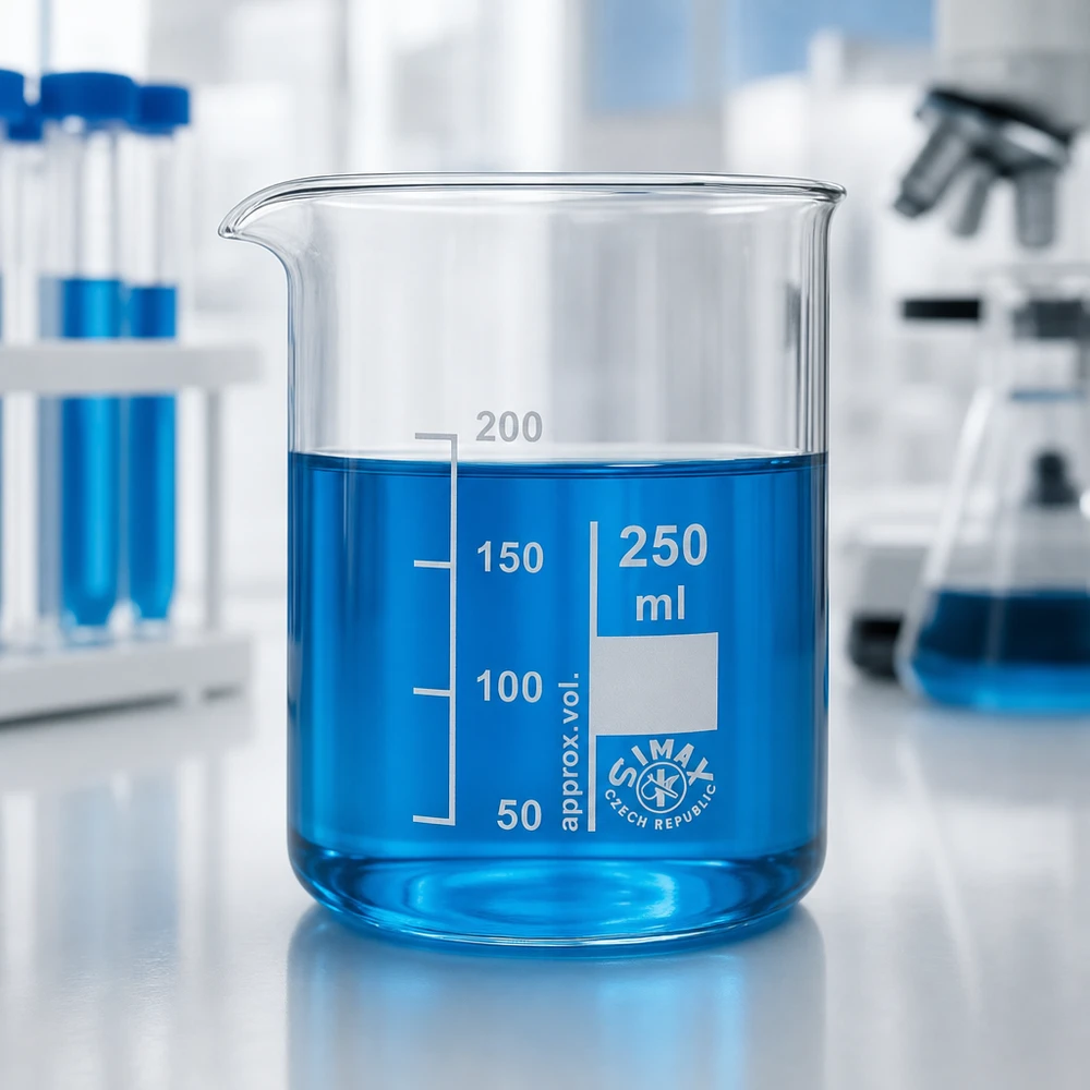 Bägare 250ml borosilikatglas, låg form Bägare i borosilikatglas 250 ml med blå vätska och tydligt synliga volymmärkningar