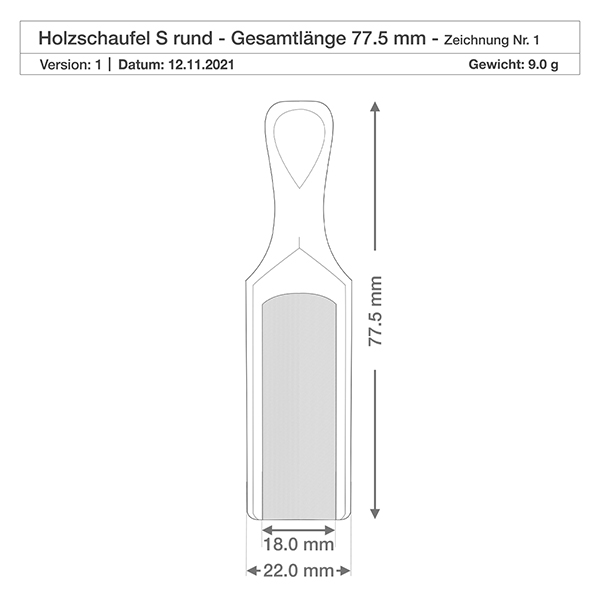 Träskopa storlek S halvrund form - 75 mm lång Teknisk ritning Träspade S 77,5mm total längd med mått och vikt 9,0g Produktspecifikation