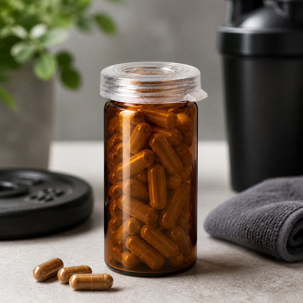 Bärnstensfärgat glas med rullkant, 5 ml, med guldbruna fitnesskapslar bredvid en hantelskiva och en shakeflaska