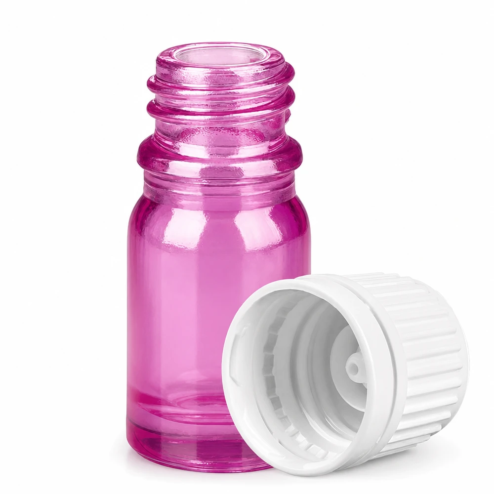 5ml flaska 11mm skruvkork vit Originality skruvkork PurpleLine UT18/5 Liten violett glasflaska 5ml med öppet vitt lock för aromaterapi och kosmetika