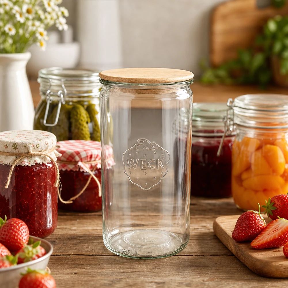 1590ml cylinderburk WECK RR100 med trälock WECK konserveringsburk 1590ml RR100 i köksscen med marmelad sylt och färska jordgubbar på träbord