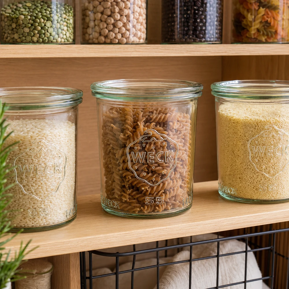 WECK 140 ml burk med glaslock RR60 | Premiumkvalitet WECK Gläser 140ml RR60 gefüllt mit Reis Nudeln Couscous in Vorratsregal Pantry Organisation Küchenschrank