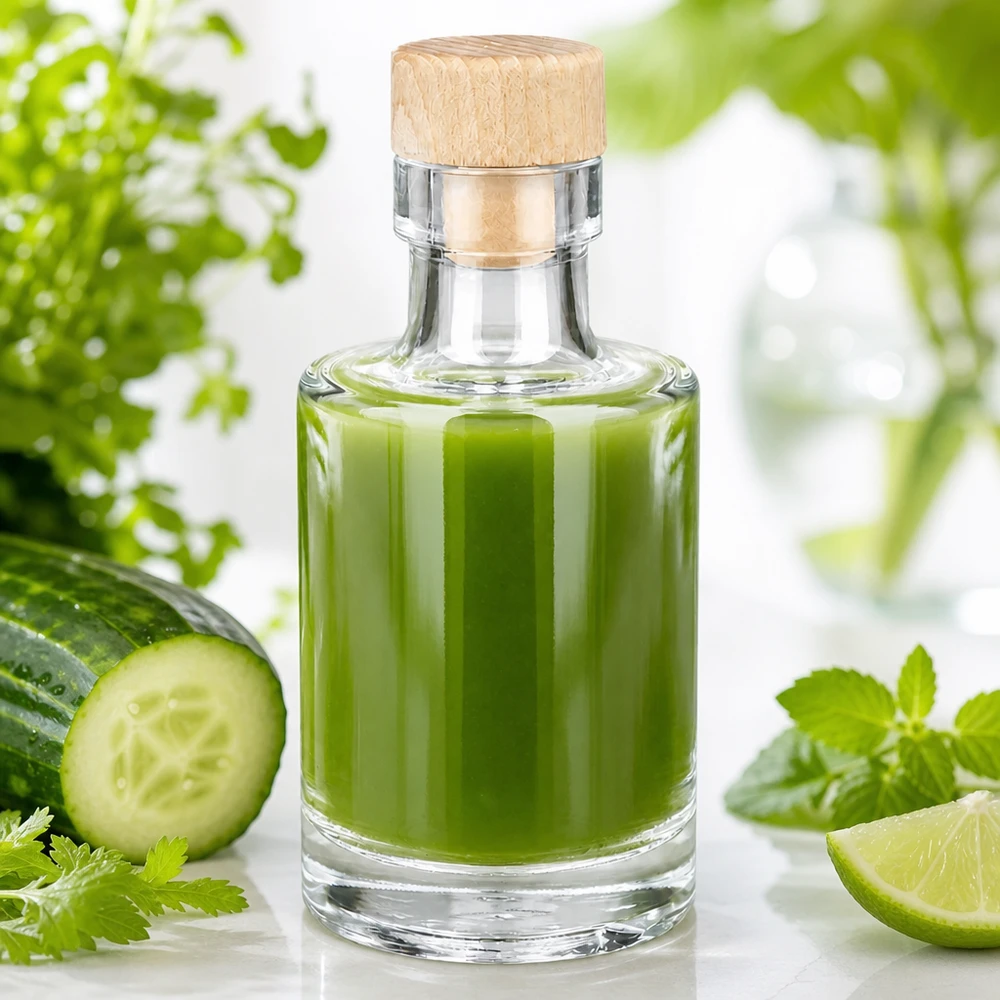 100 ml glasflaska Marie med kork med trähandtag UNiTWIST® 100ml glasflaska Marie med träkork fylld med grön smoothie bredvid gurka lime och örter färskt upplägg