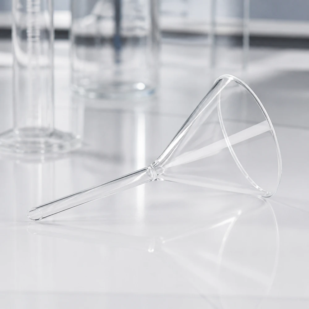 Tratt ø85mm borosilikat vinkel 60 kort modell Precisionslaboratorietratt 85 mm tillverkad av robust borosilikatglas med kompakt design med kort handtag