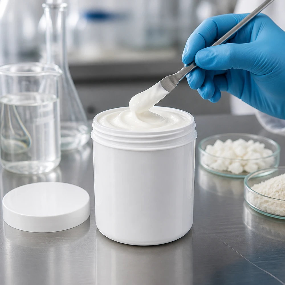 Öppnad vit PP-salvburk på 500 g med krämig fyllning och spatel i laboratoriemiljö