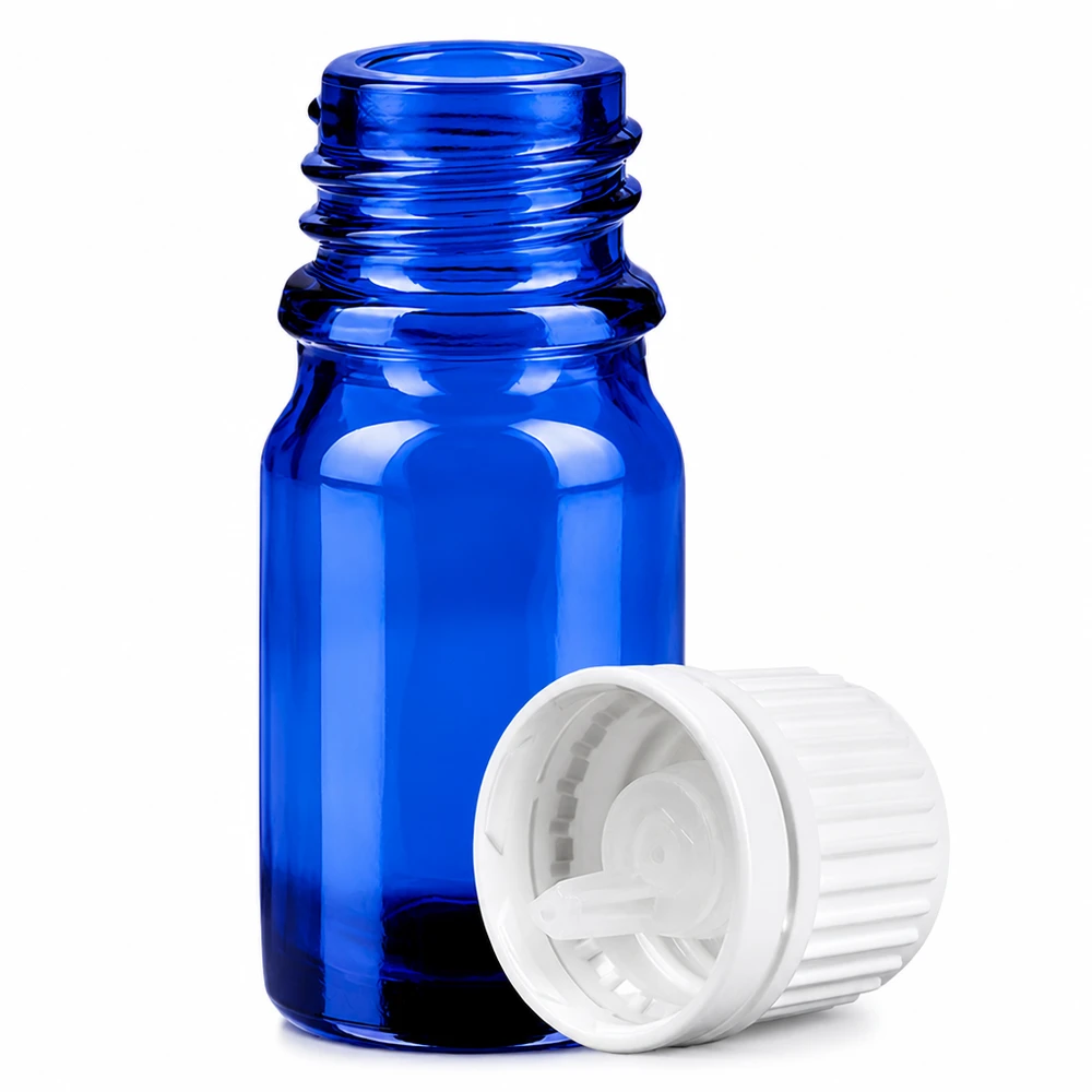 5 ml Droppflaska 0,7 mm vit med säkerhetslock BlueLine UT18/5 Blå glasflaska 5ml med 0,7mm droppinsats för eteriska oljor och tinkturer