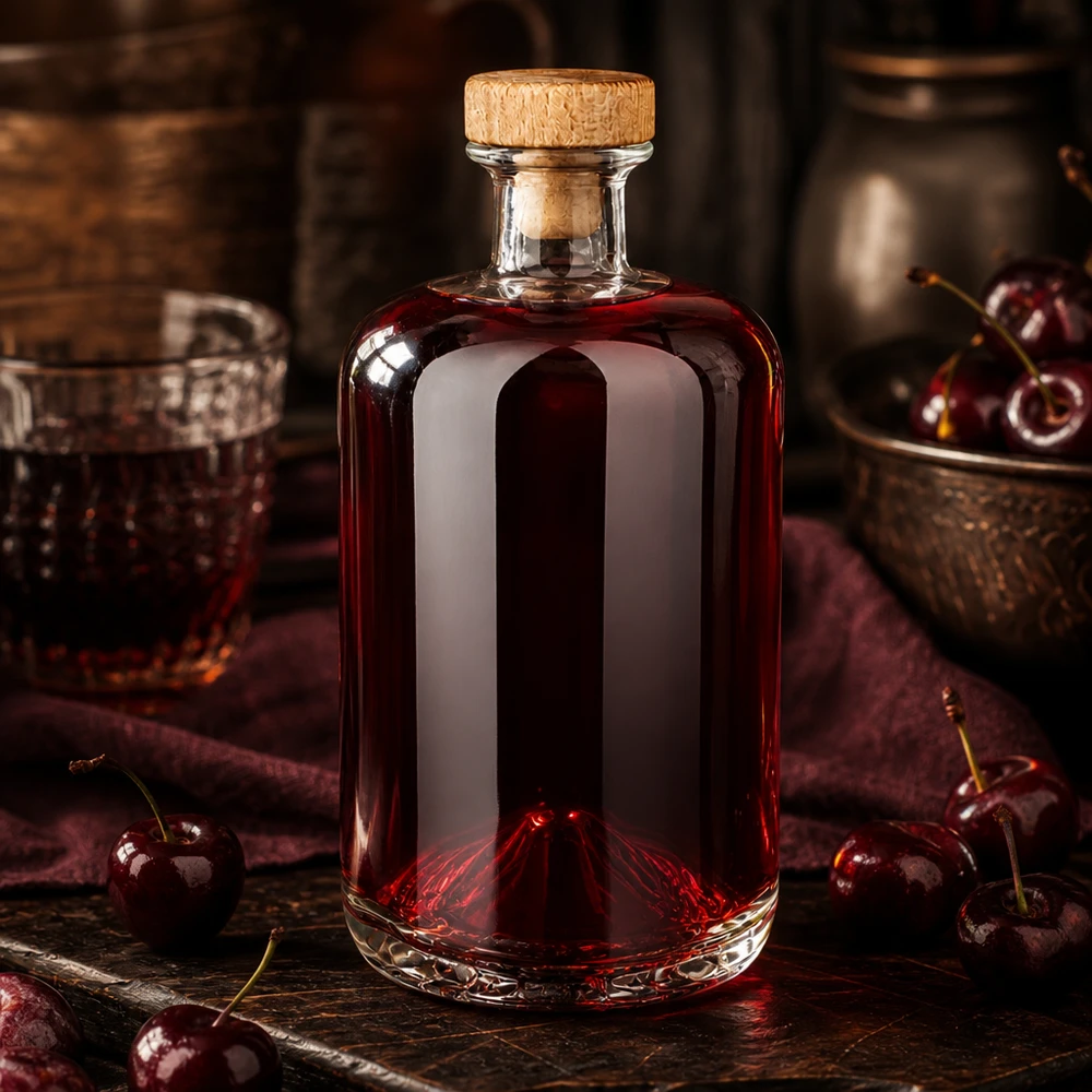 700 ml apoteksflaska Sofia med kork med trähandtag UNiTWIST® Elegante 700ml Glasflasche Sofia mit Holzkorken gefüllt mit rotem Kirschlikör auf rustikalem Holztisch mit Kirschen