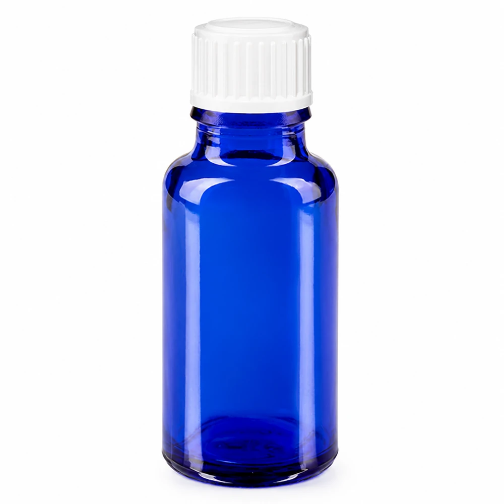 Apoteksflaska blå 20ml skruvkork vit standard 20 ml blå apotekarflaska i glas med vitt skruvlock, 11 mm