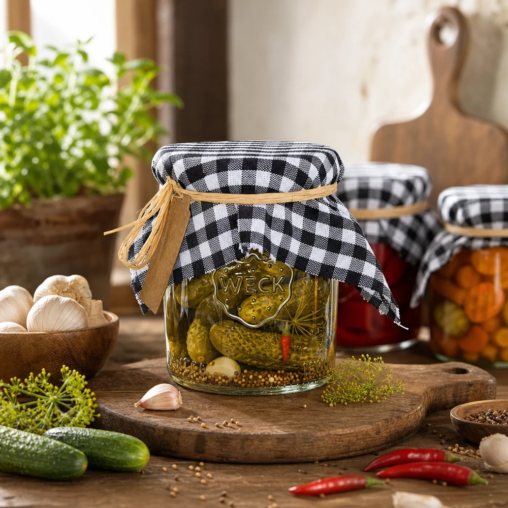 Rutiga dekorativa näsdukar på burkar med pickles och sylt i rustik köksdekoration idé 15cm kvadrat