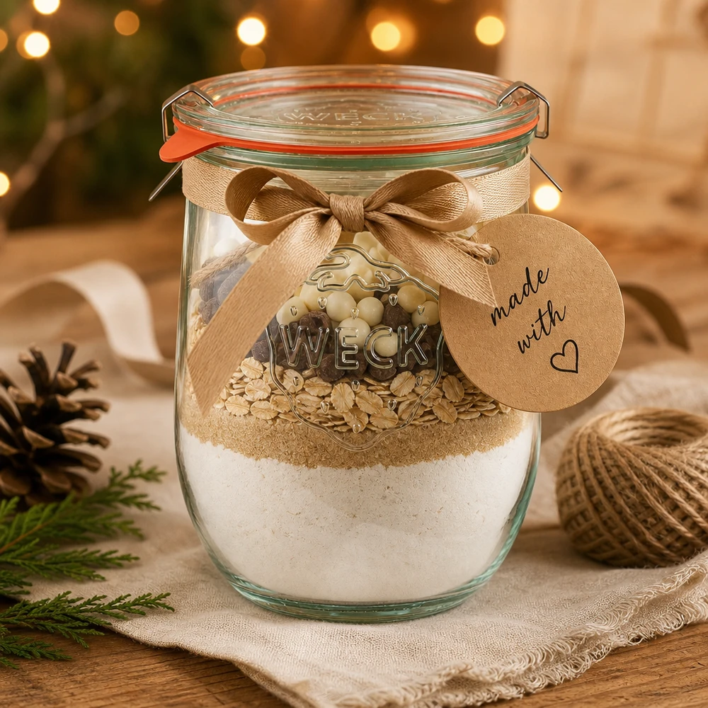 1062ml tulpanburk komplett WECK RR100 WECK tulpanburk 1062ml RR100 som presentförpackning med rosett för kexmix och Made with Love-tagg till jul