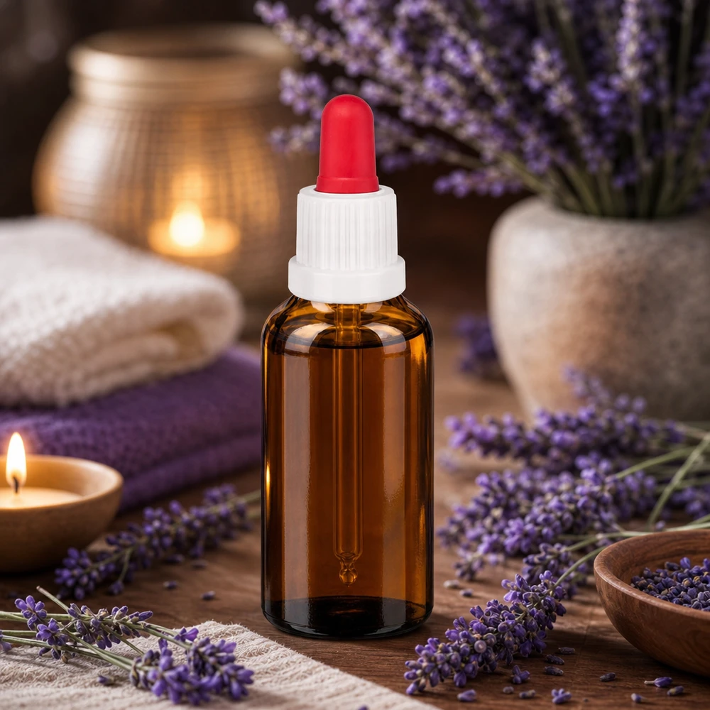 Liten 30 ml glasflaska med röd pipettspets för aromaterapi och hudvård