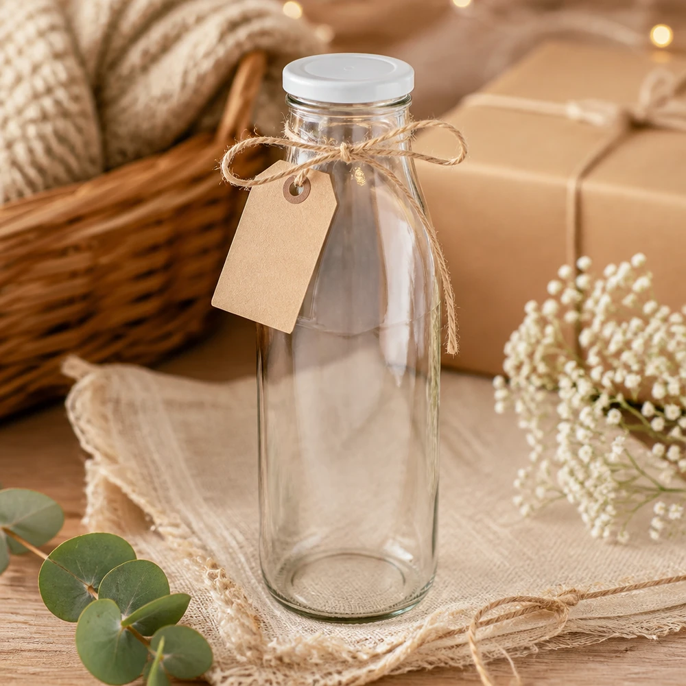 500 ml glasflaska med vitt lock dekorativ med jutesnöre och hänge rustik presentdesign