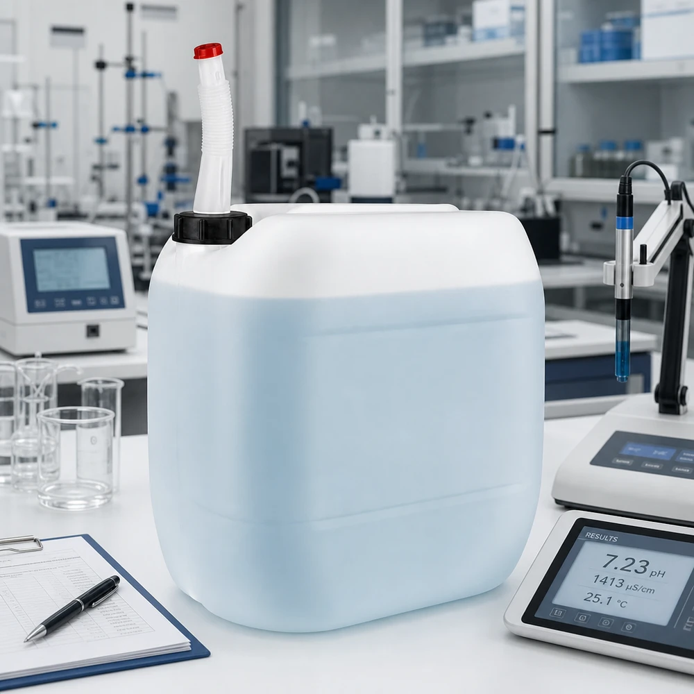 Dunk 30 liter med flexibelt utloppsrör HDPE-dunk på 30 liter med flexibelt utloppsrör och rött säkerhetslock i laboratoriet