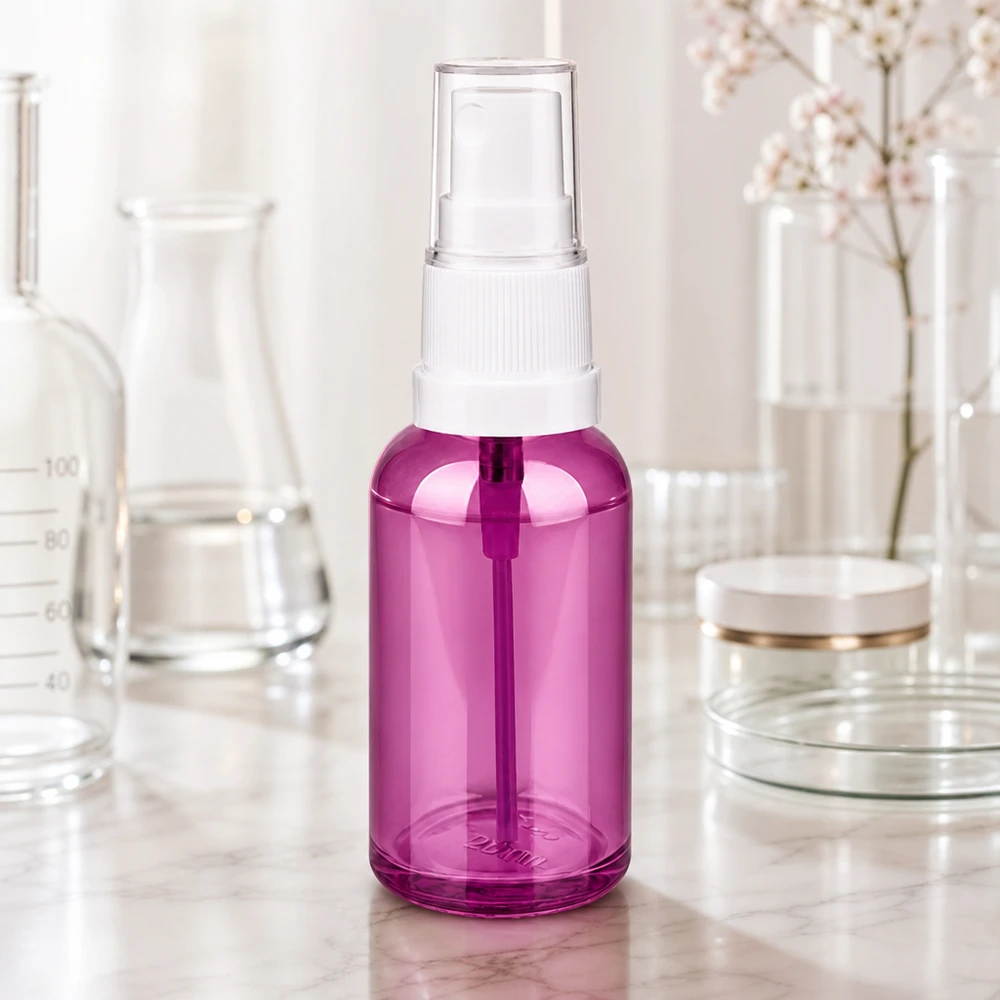 30ml sprayflaska vit/transparent Standard PurpleLine UT18/30 30 ml lila sprayflaska tillverkad av högkvalitativt glas med praktiskt pumpspraysystem