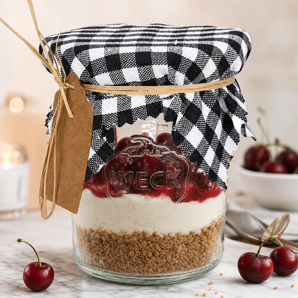 Vichy rutig tygdocka svart och vit på dessertburk med körsbär, dekorativt burklock 12cm kvadrat