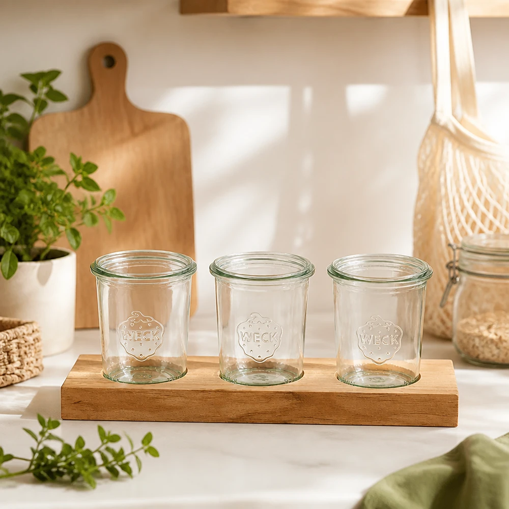 Tre tomma Weck 160 ml-glas på Plano3 serveringsbräda i bambu i skandinavisk köksinredning med växter