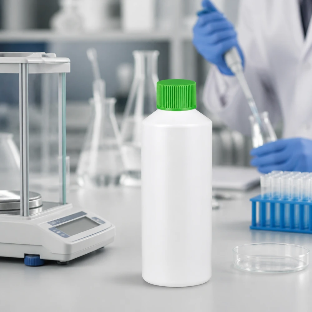 Apoteksflaska HDPE 100ml vit, med grönt skruvlock Apoteksflaska av HDPE, 100 ml, vit med grönt säkerhetslock bredvid analysvågen i laboratoriet