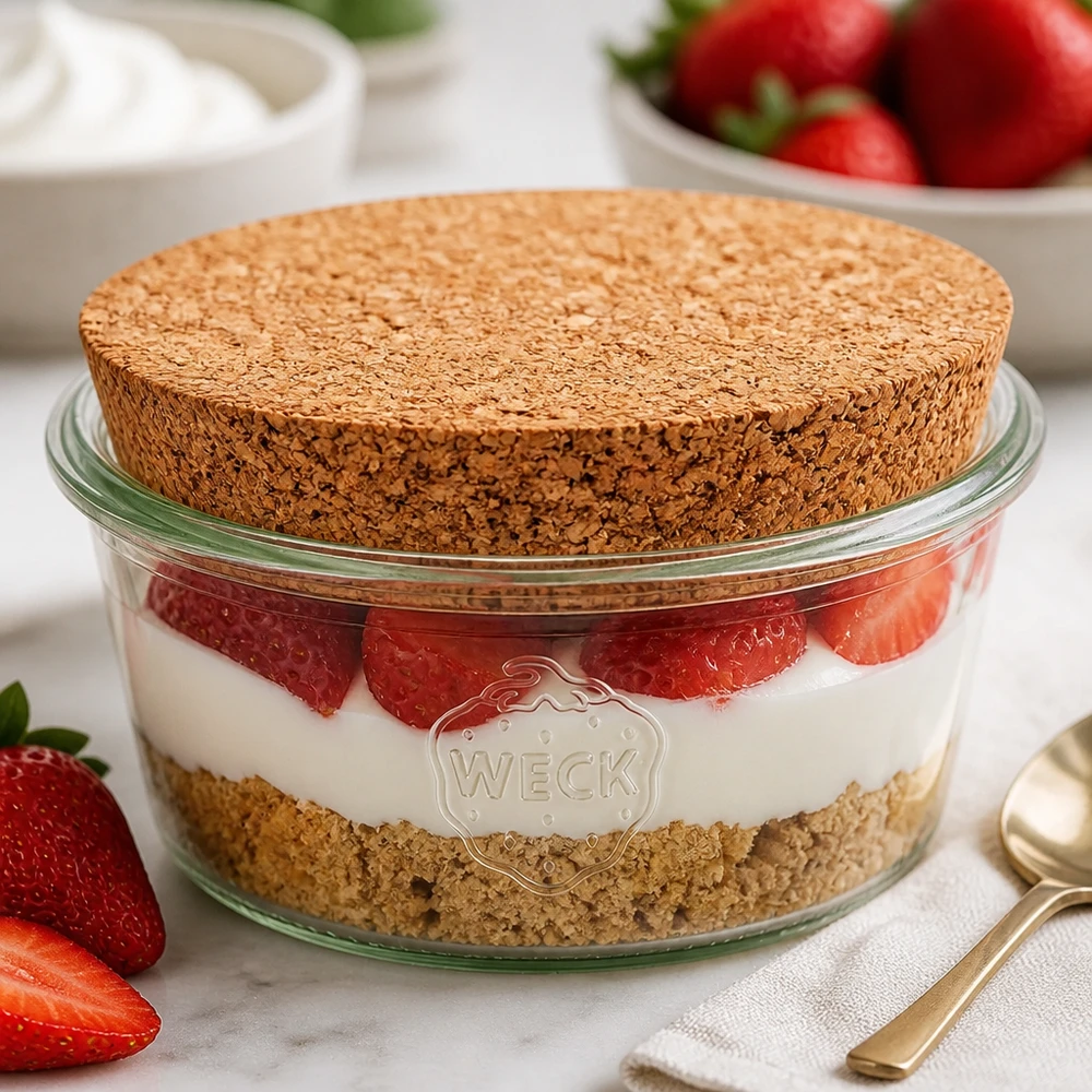 290ml Krossad glasögonburk WECK RR100 med naturkork WECK glas 290ml RR100 med naturkork som en lagrad dessertburk för tiramisu fylld med jordgubbar