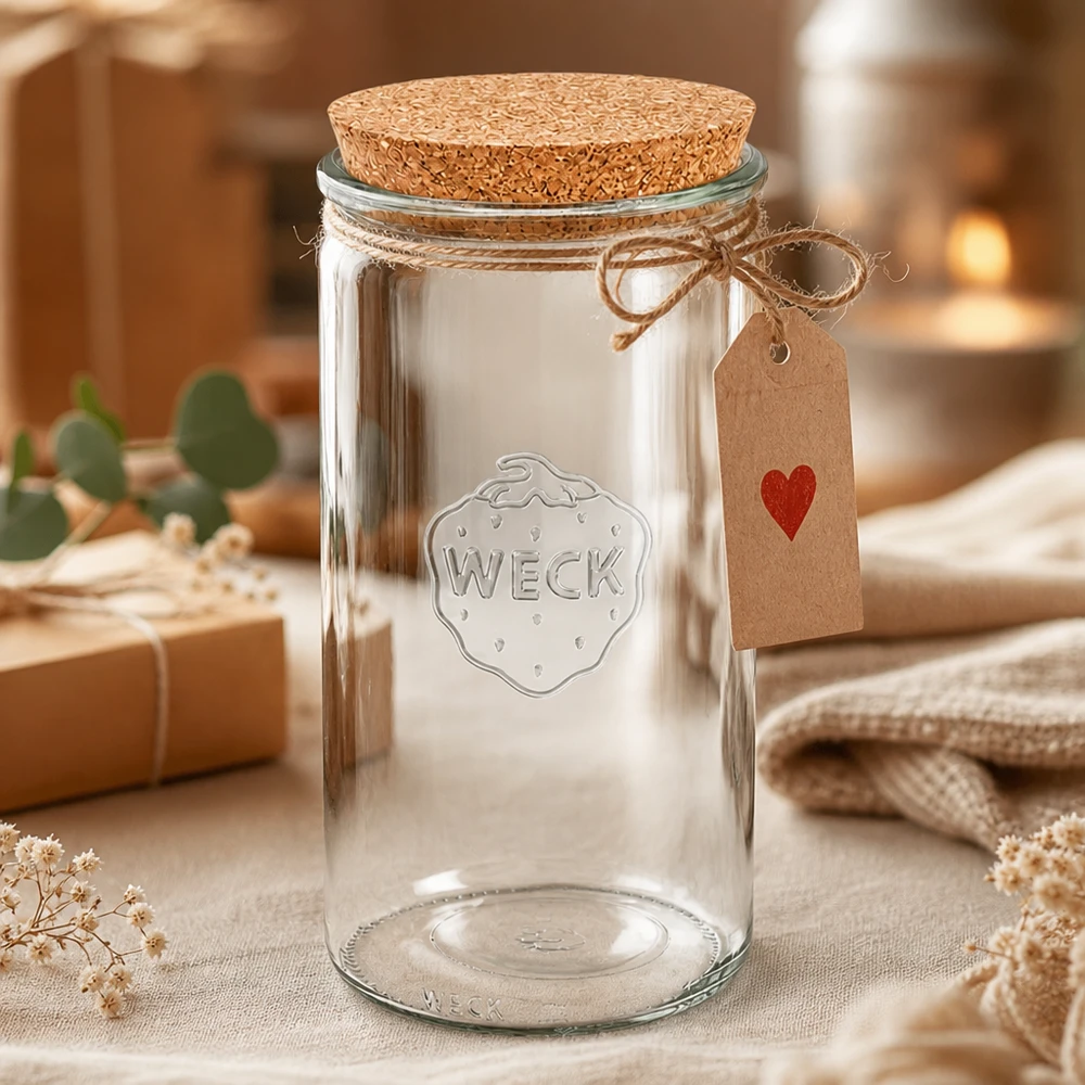 1590ml cylinderburk WECK RR100 med naturkork WECK konserveringsburk 1590ml RR100 med korklock och presentetikett dekorativt arrangerad med textilier och blommor