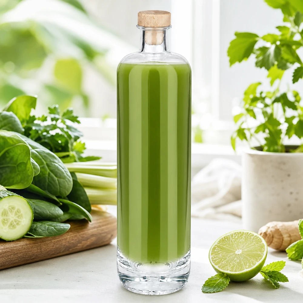 700 ml glasflaska Ella med kork med trähandtag UNiTWIST® 700 ml glasflaska Ella fylld med grön smoothie och träkork mellan färsk gurka, lime och örter